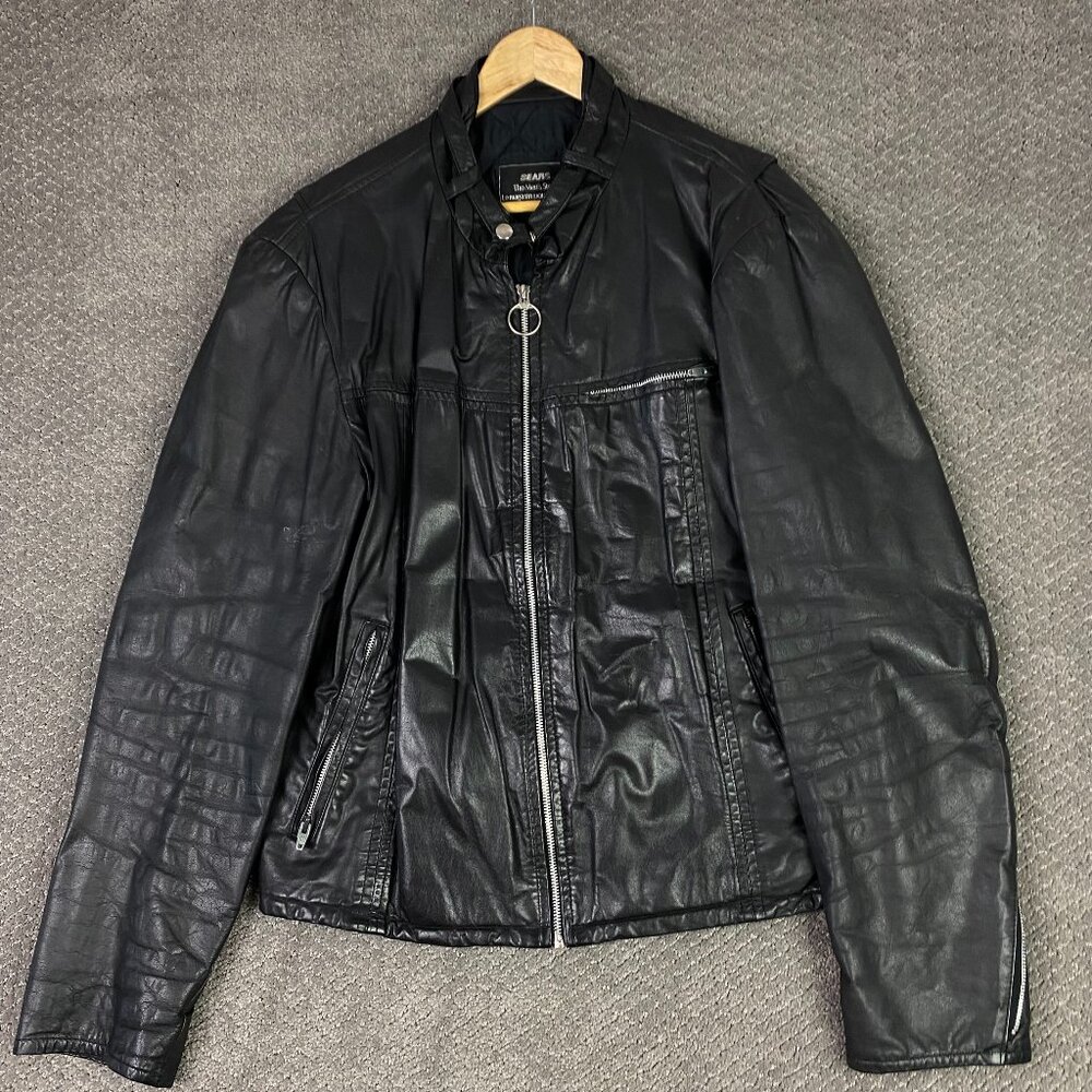 Vintage Sears Cafe Racer Leather Jacket Men's 44T Black 70s 80s Made in Canada